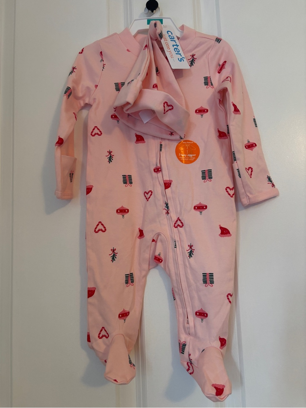 Carter's - Girl’s Pink Holiday Print Footed One-Piece with Hat. Size 3 Mo. NWT